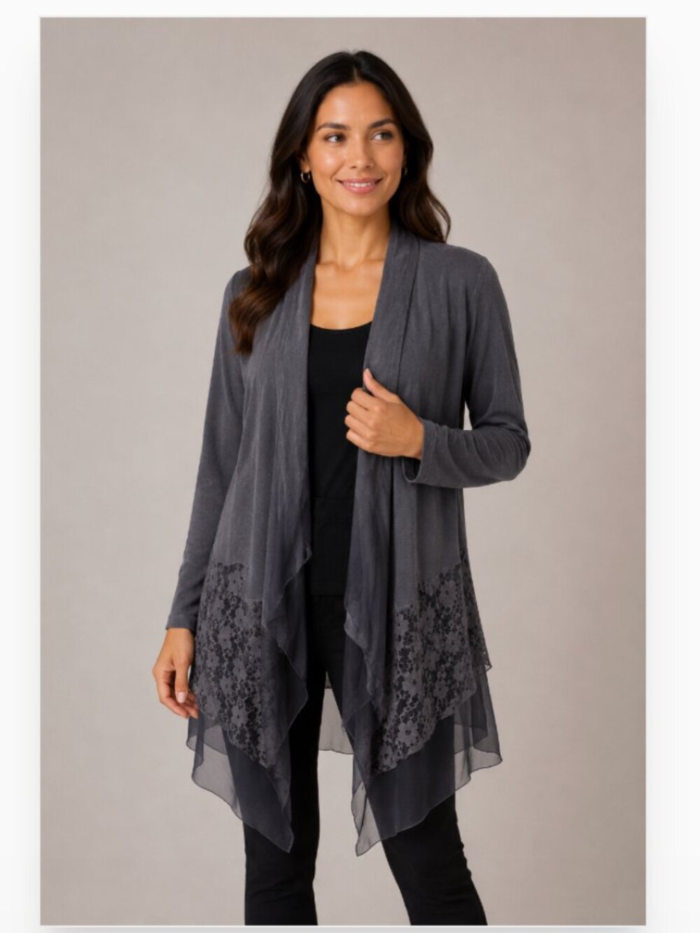 Kamana Cardigan Womens Small Lace Chiffon Ruffle Boho Lightweight Sheer Layering